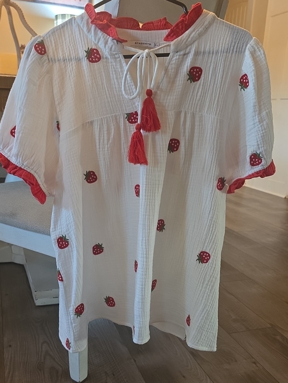 Staccato White Cotton Peasant Blouse with Red Strawberry Embroidery